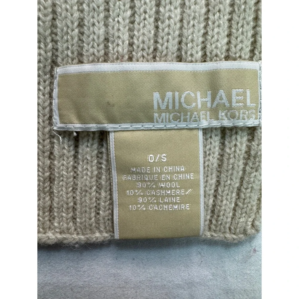 Michael Kors Wool Cashmere Ribbed Striped Scarf Cream Black MK Logo One Size